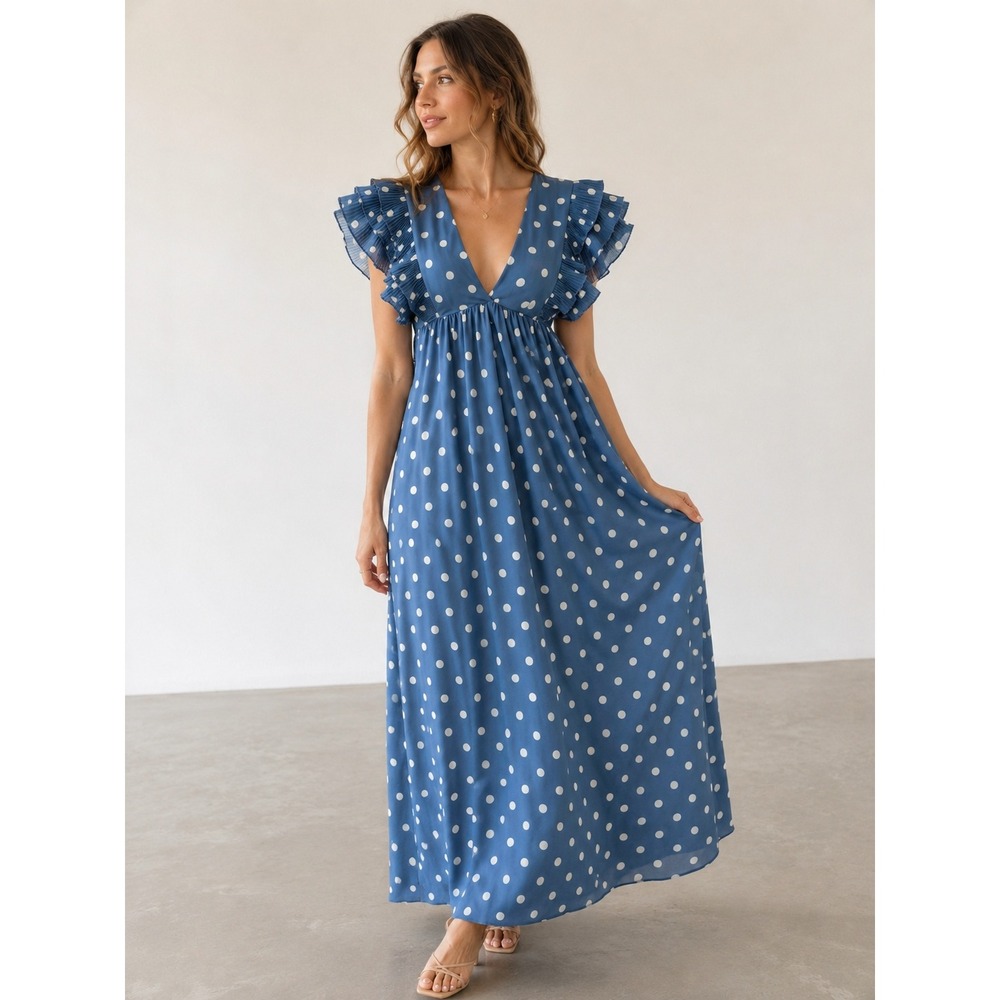 New Collection Blue Polka Dot Pleated Ruffle Maxi Dress Size M Cottage Boho Chic